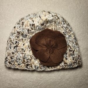 FOSSIL Multicolor  Crochet Beanie With Large, Brown, Felt Flower Accent
